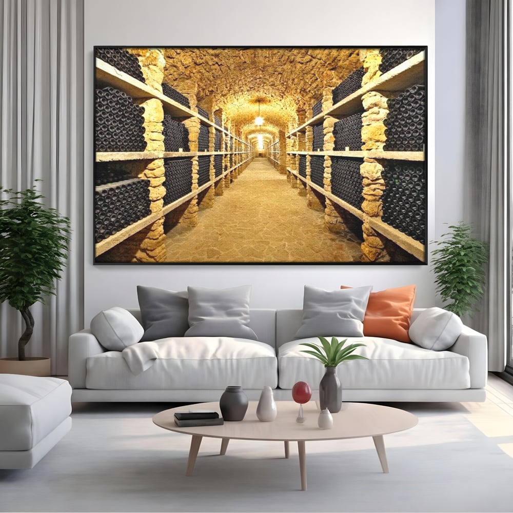 Tablou canvas cu tablou canvas cu crama subterana si sticle de vin, in rama de aluminiu negru, pe perete intr-un living